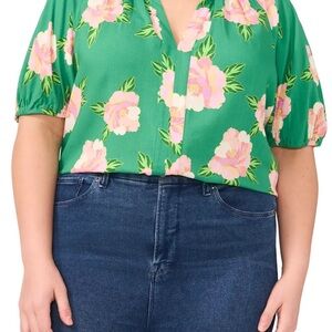 Floral V-Neck Green Blouse with Puff Sleeves